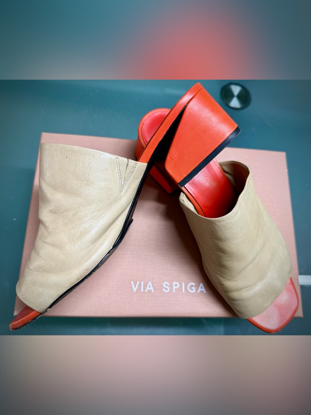 Via Spiga Beige Leather Mule Sandals with Orange Footbed